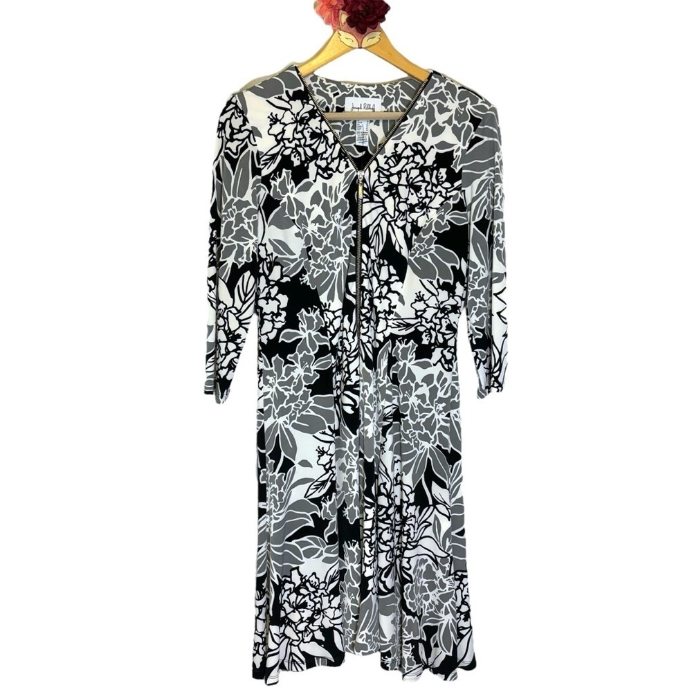 Joseph Ribkoff dress black white gray floral zip front 3/4 sleeve midi a-line 12